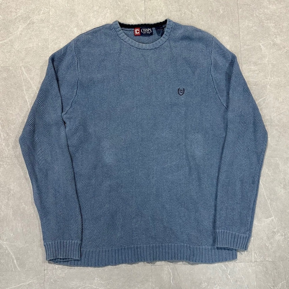 Chaps Mens Blue Herringbone Textured Knit Crewneck Pullover Sweater XL 4880
